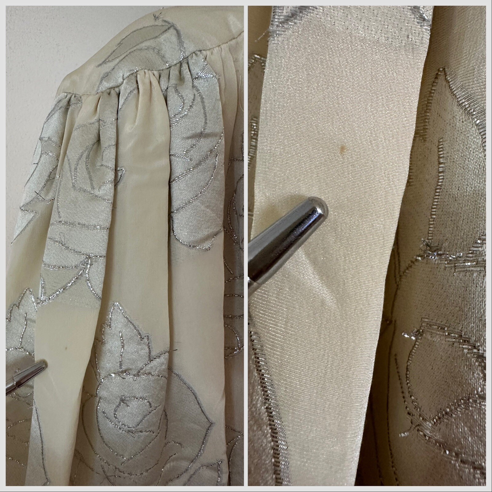1980s Hanae Mori Silk Dress Metallic Rose Damask Bow Frost Bros VTG