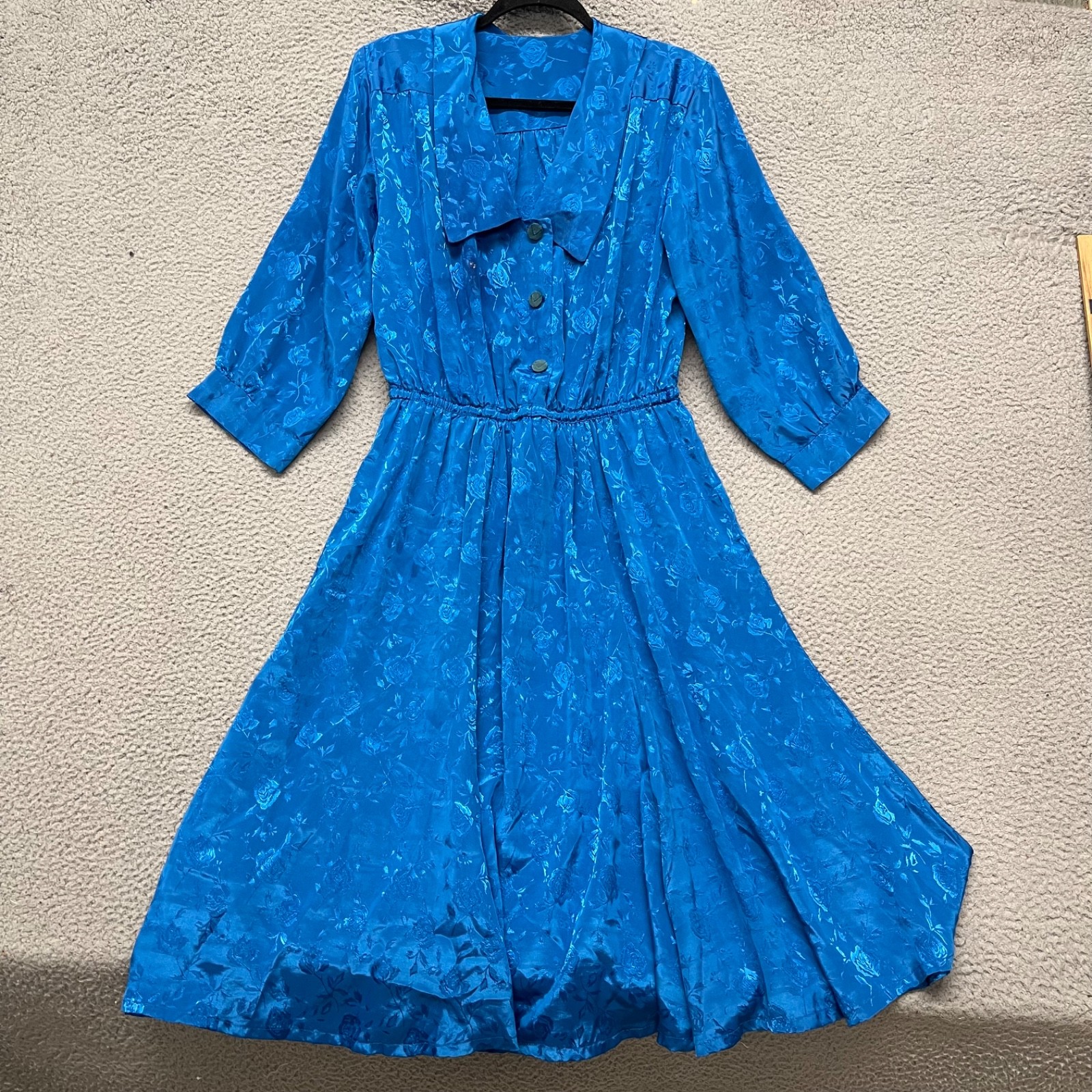 Vtg 70’s Silk Dress Womens 12 Blue Floral Satin Long Sleeve Retro Shoulder Pads