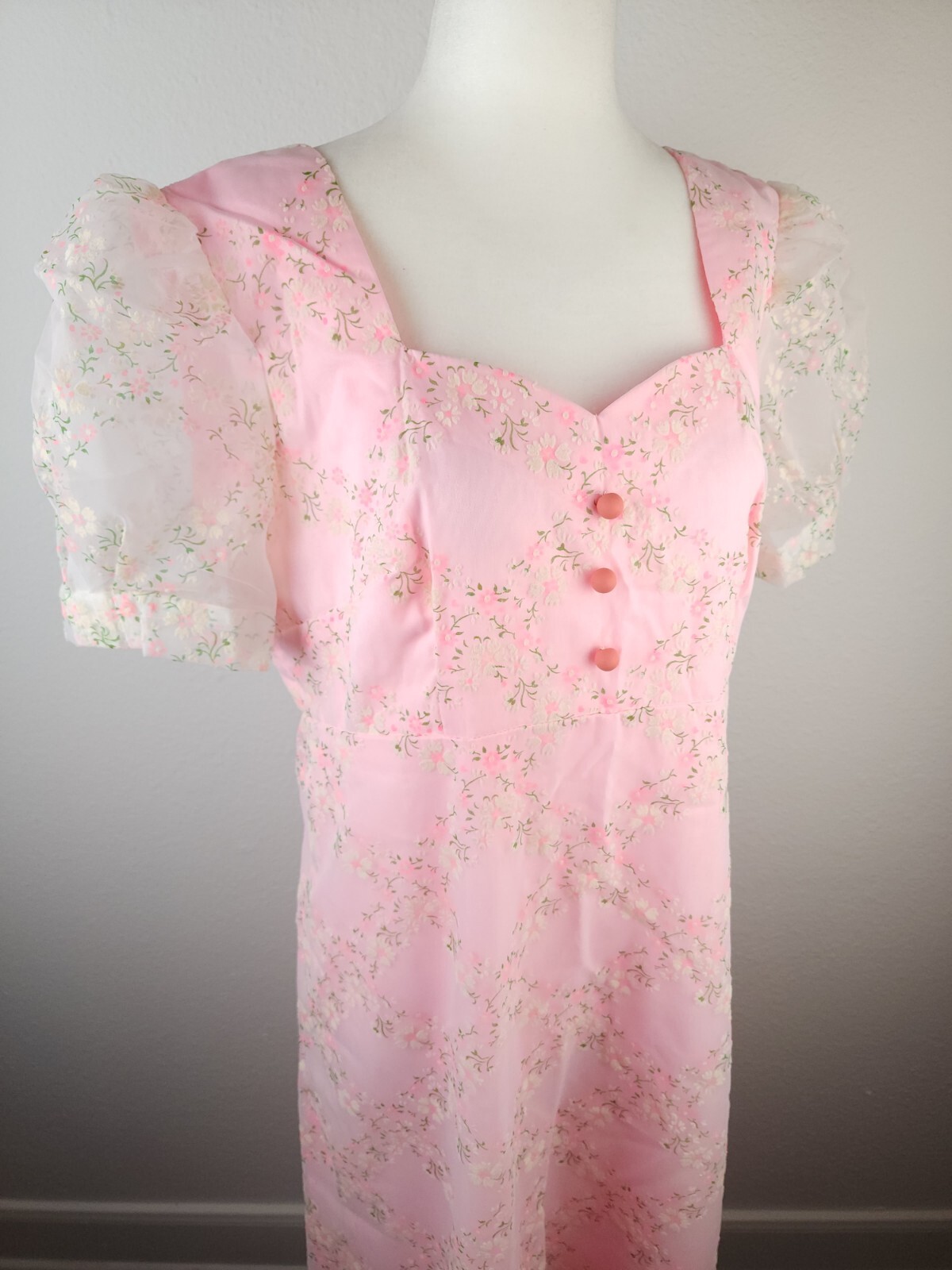 Vintage 1950s 1960s Dress Pink Flocked Flowers Long Sheer Overlay Sweetheart ~M