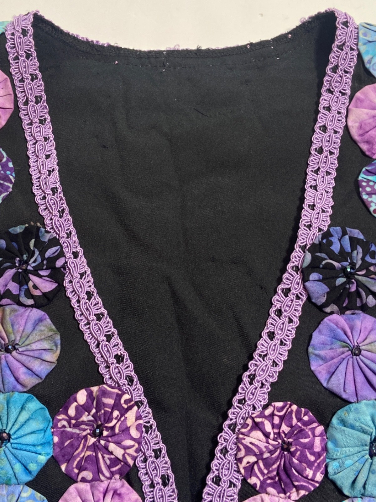 Vintage Quilted Yoyo Vest Purple & Black Lined Handmade Bust 35″ Cottage Core