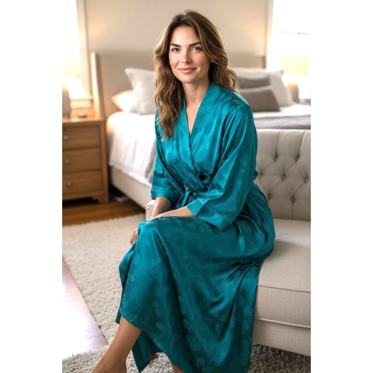 Vintage Galadriel 100% Pure Silk Teal Robe NWT Belted Pockets Made Hong Kong