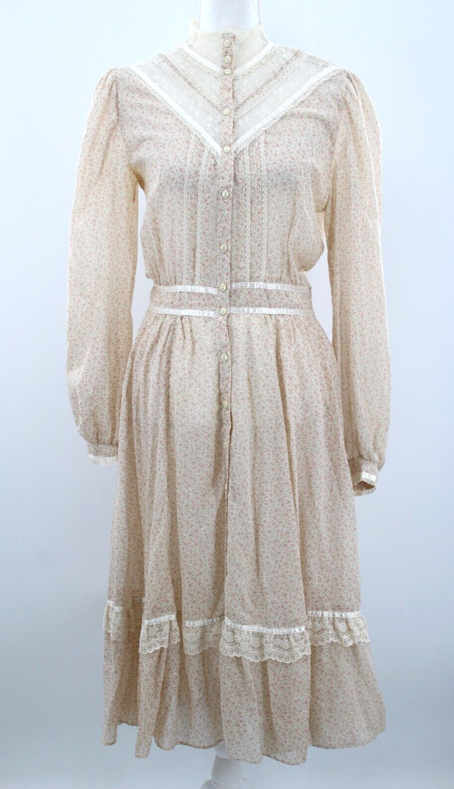Vtg Women’s 70s Cream & Peach Calico Gunne Sax Prairie Midi Dress 1970s Sz M