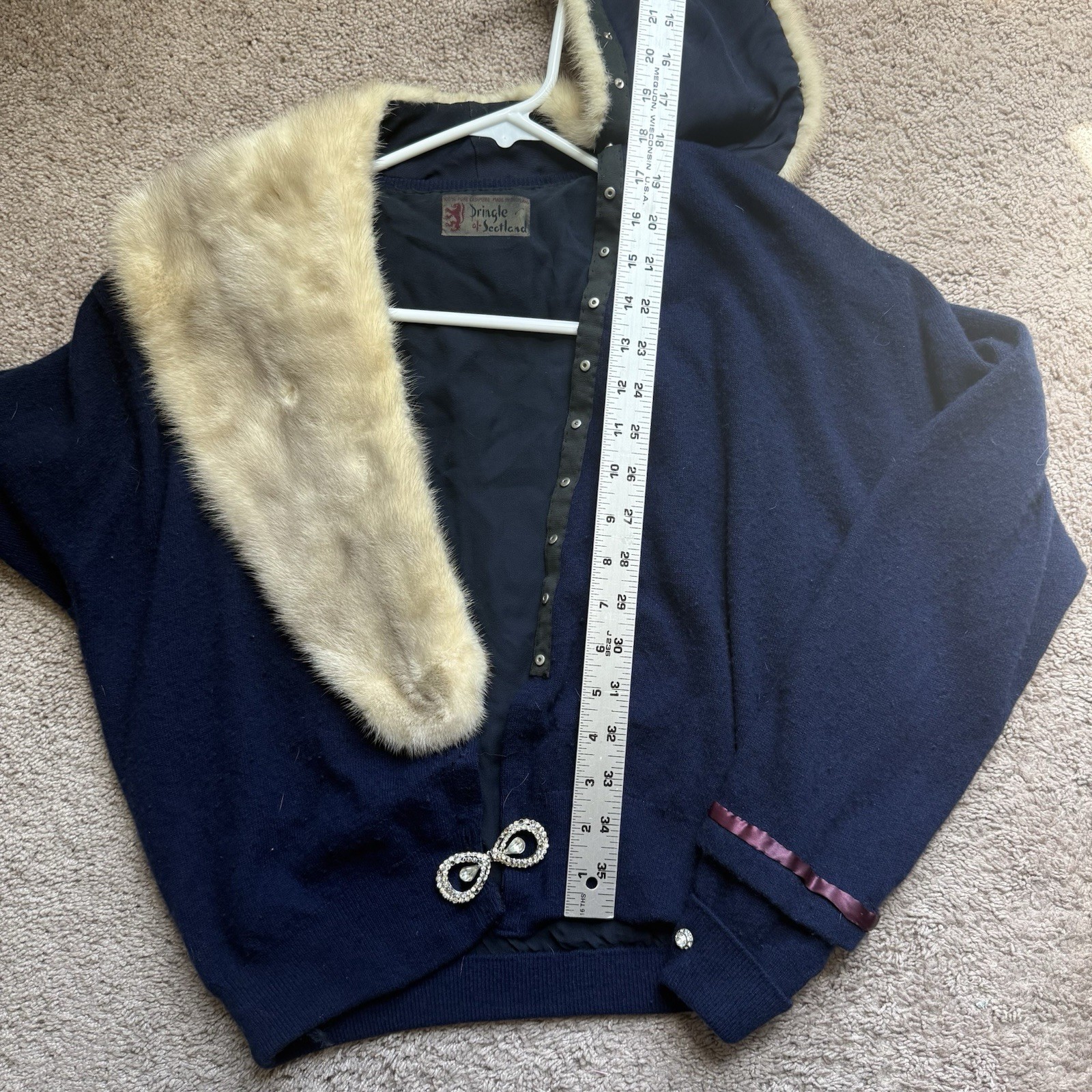Vtg 1950’s Pringle of Scotland Cashmere Cardigan Mink Fur Collar Navy Womens S/M