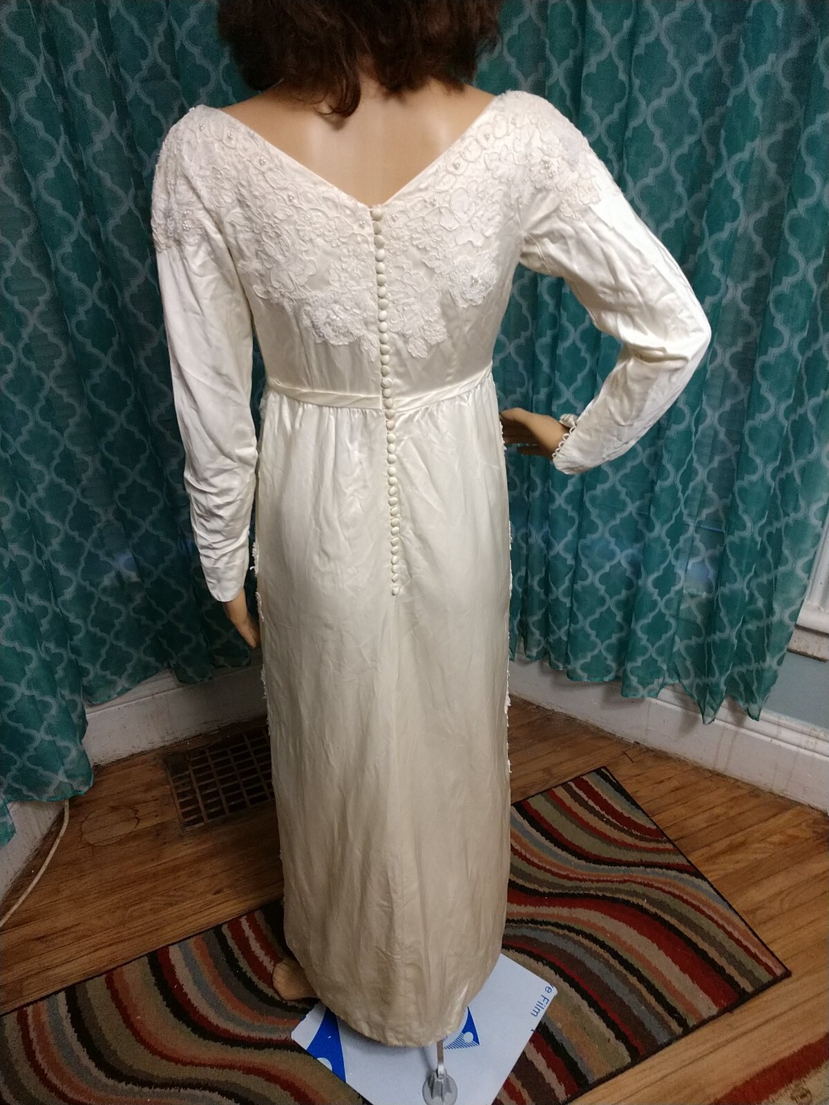 Vintage 1960’s Juliet champagne Satin Wedding gown Long Sleeves Empire waist
