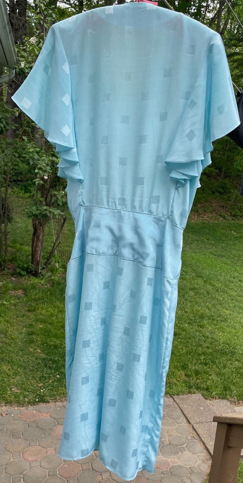 Vintage 90s Dawn Joy Fashions Dress Light Blue Batwing Sleeve Drop Waist Wrap