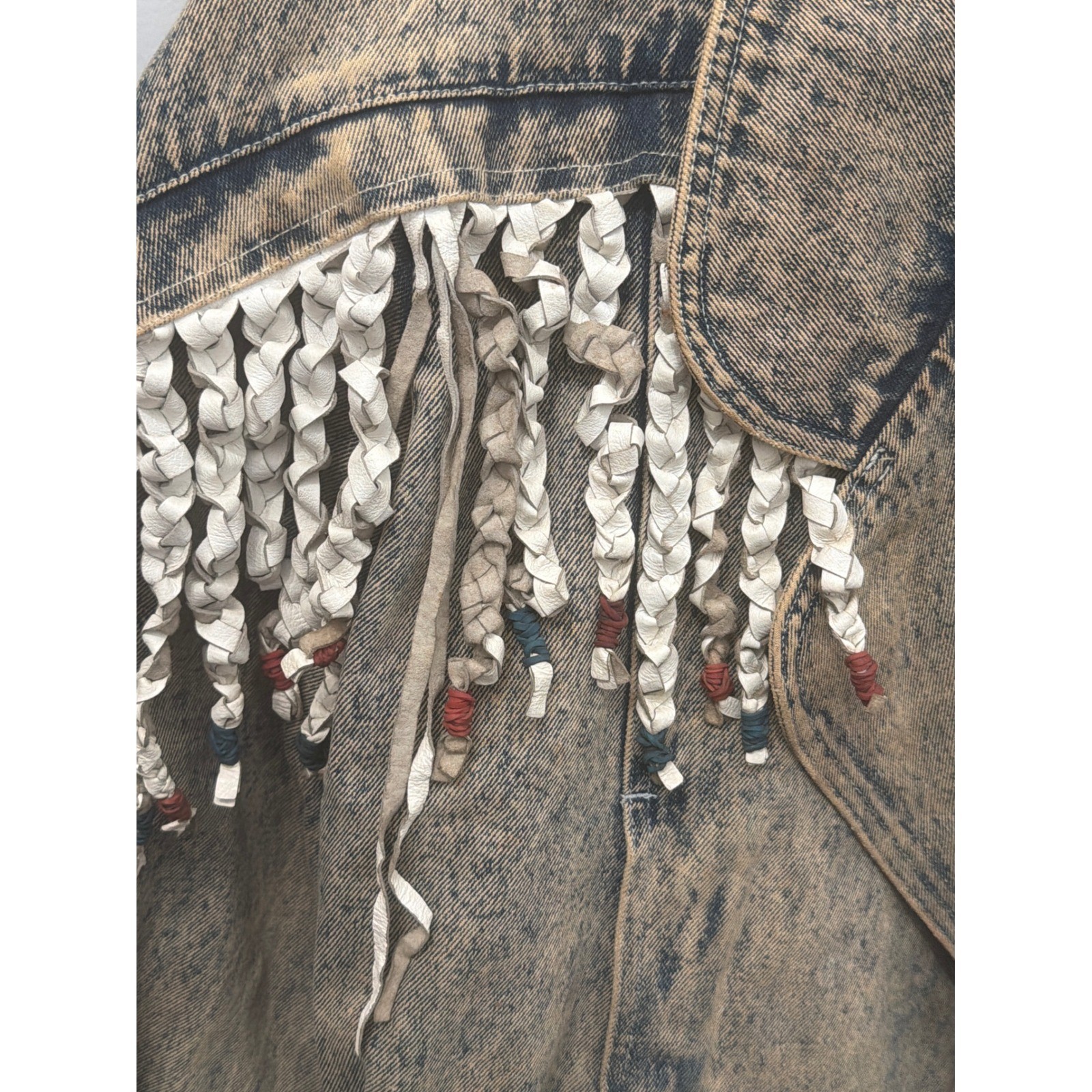 Vtg 80s Stefano International Western Acid Wash Denim Jacket Leather Fringe L