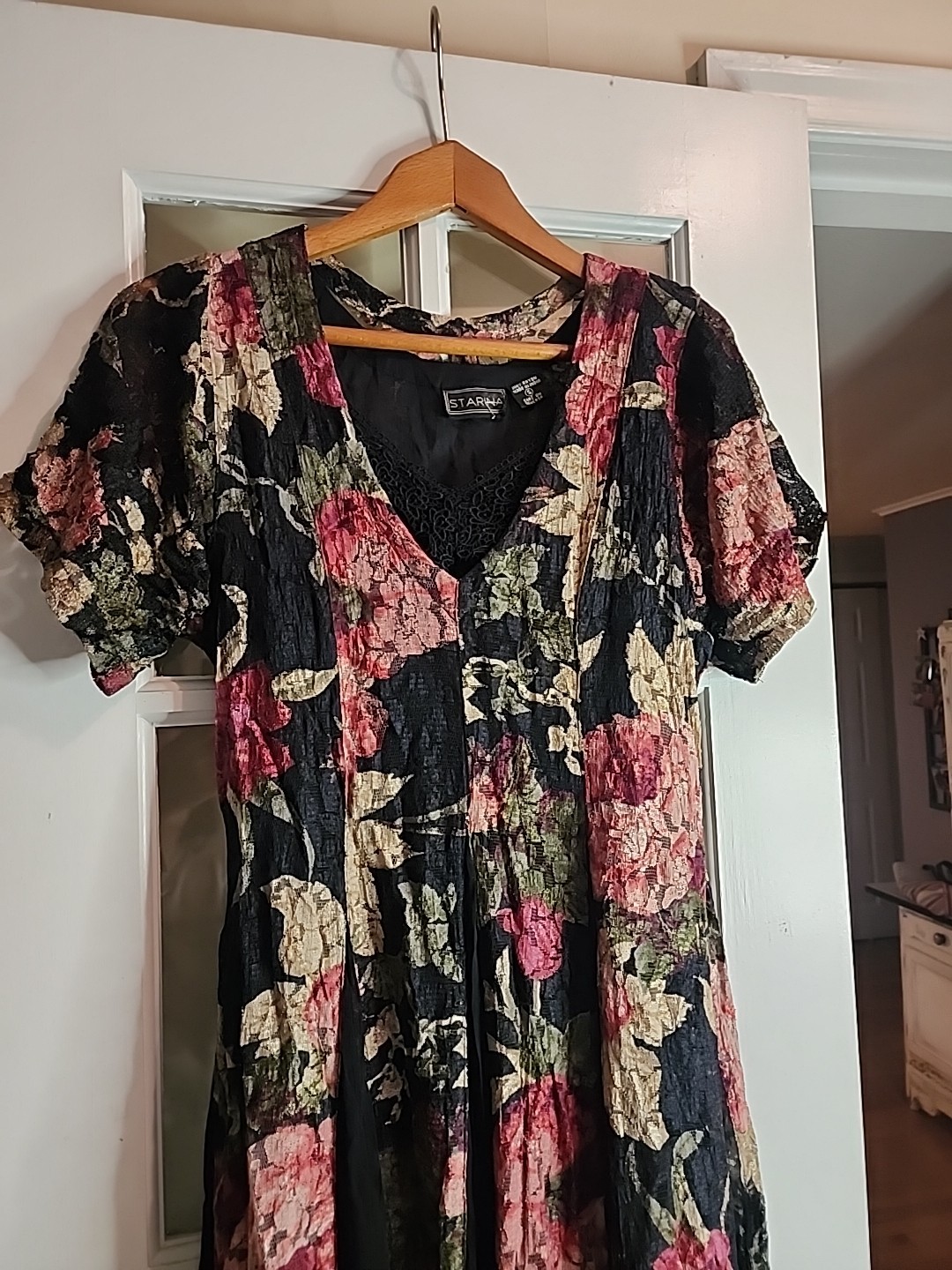 Vintage 90s Starina Sz Small Black Floral Lace Maxi Dress Boho Cottagecore