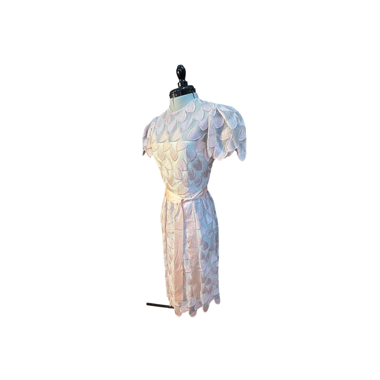 Pastel Petal Appliqué Dress Puff Sleeve Sheer Overlay William Pearson 80s Party