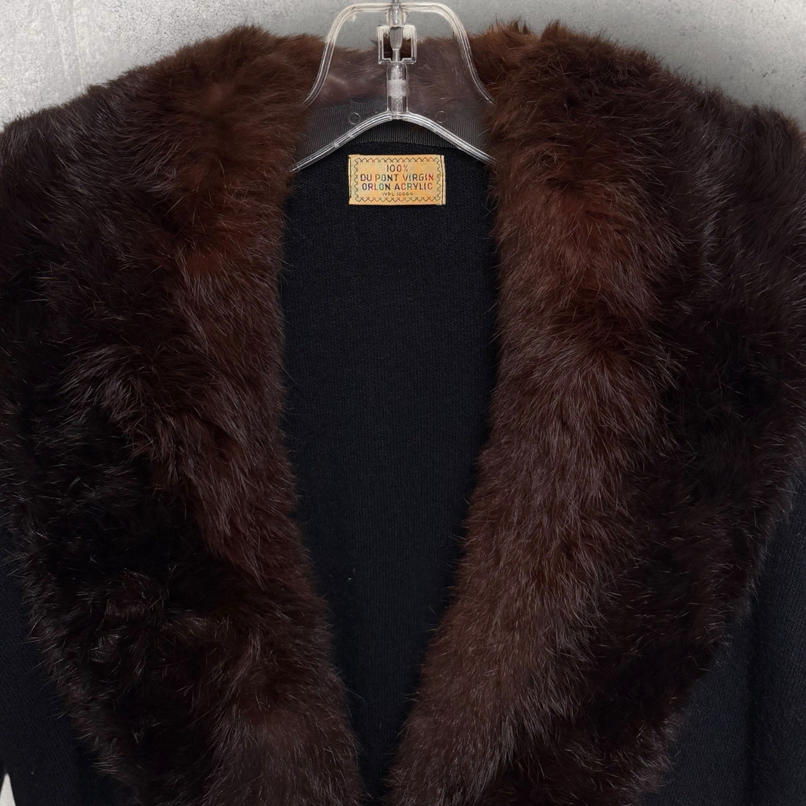 Vtg 50’s Du Pont Orlon Black Cardigan REAL MINK FUR Collar & Pearl Buttons S/M