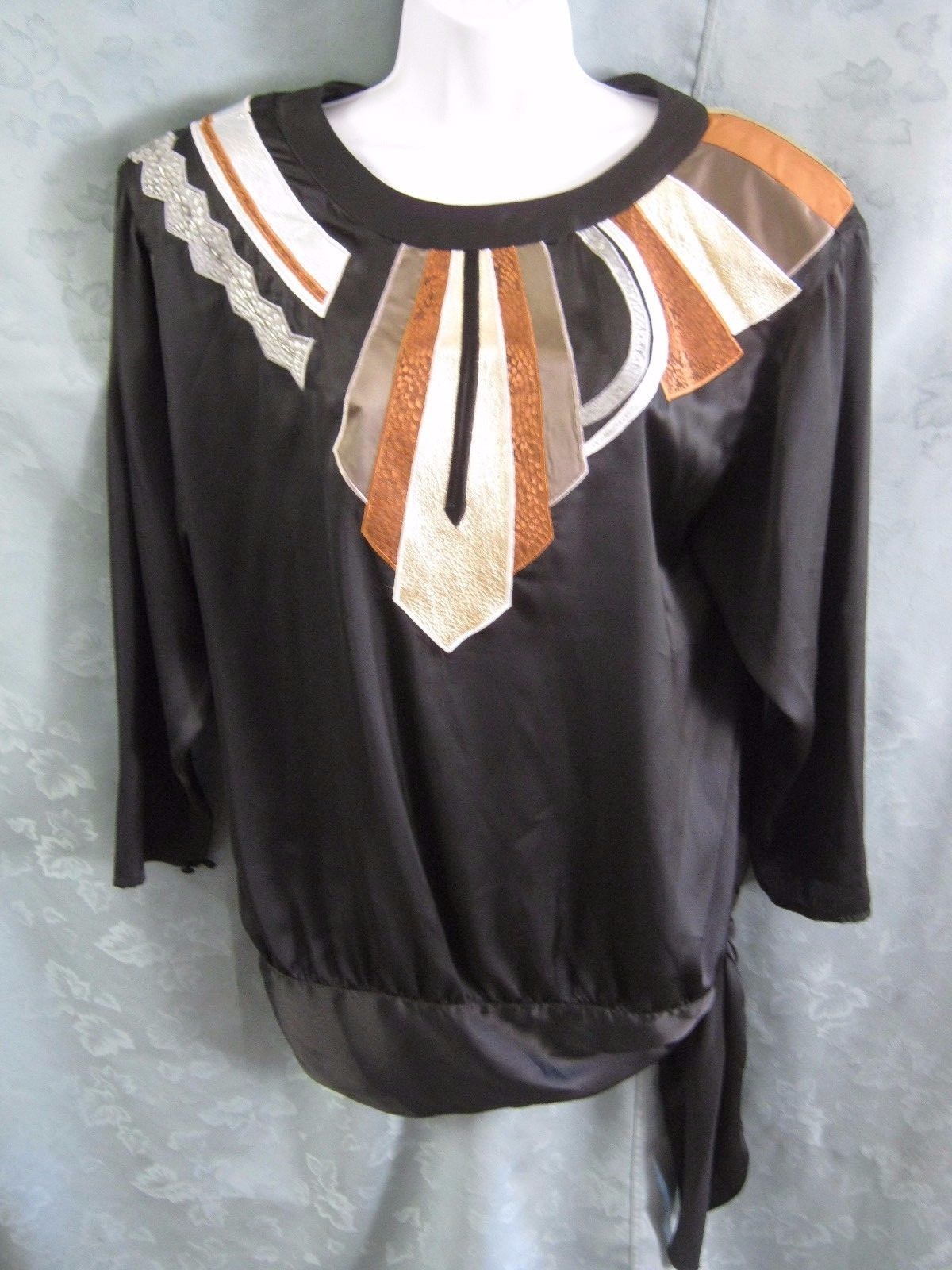 VTG 80’s Sir James Satin Blouse Size Small Leather Applique ~ Side Tie ~ Black