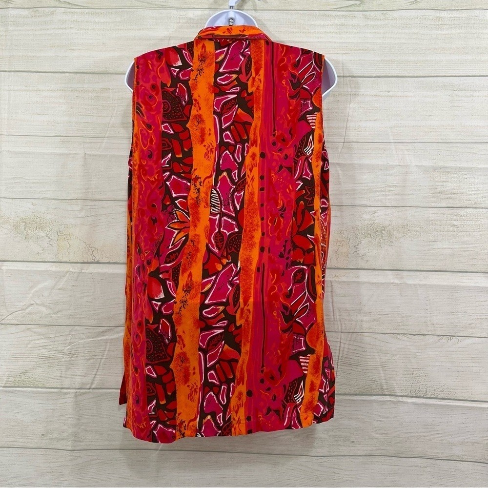 Casual Corner Blouse Womens Medium Silk Pink Orange Print Button Sleeveless VTG