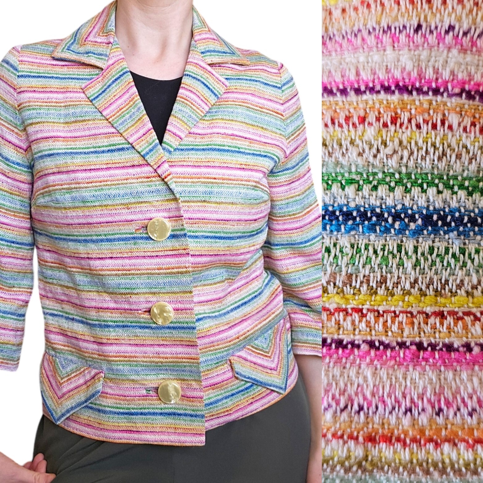 Vintage 60s 70s Rainbow Striped Blazer Jacket Small Big Buttons Colorful Pink