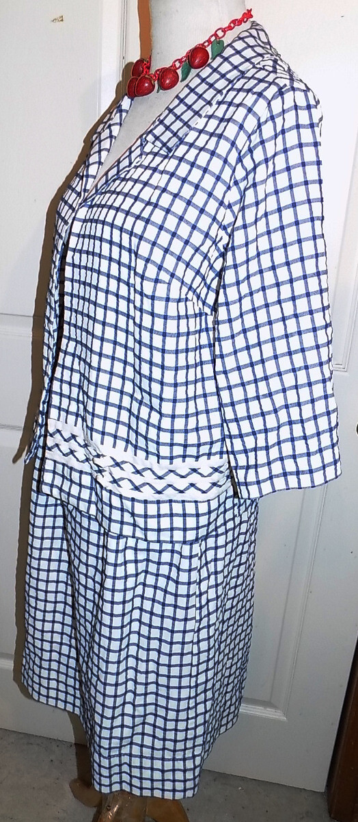 Vintage 60s Blue & White Ribbed Windowpane Cay Artley Suit B44 Size 22 1/2