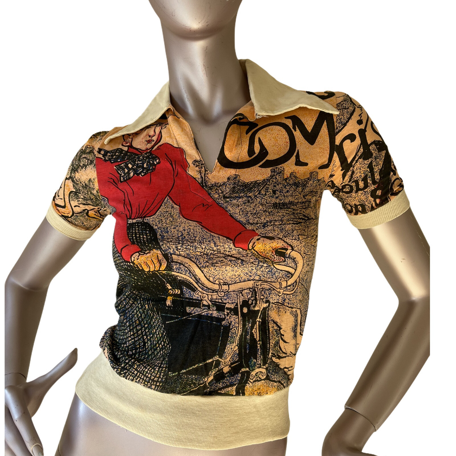 Vintage Steyr Bike All Over Print V-Neck Collar T Shirt Top short sleeve Size XS