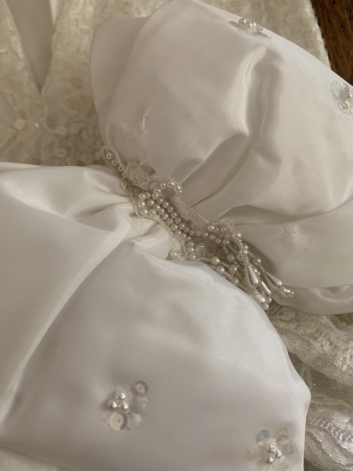 Vintage 80’s-90’s Sequin Beaded Ivory Formal Dress Gown Bow Sleeves Wedding Prom