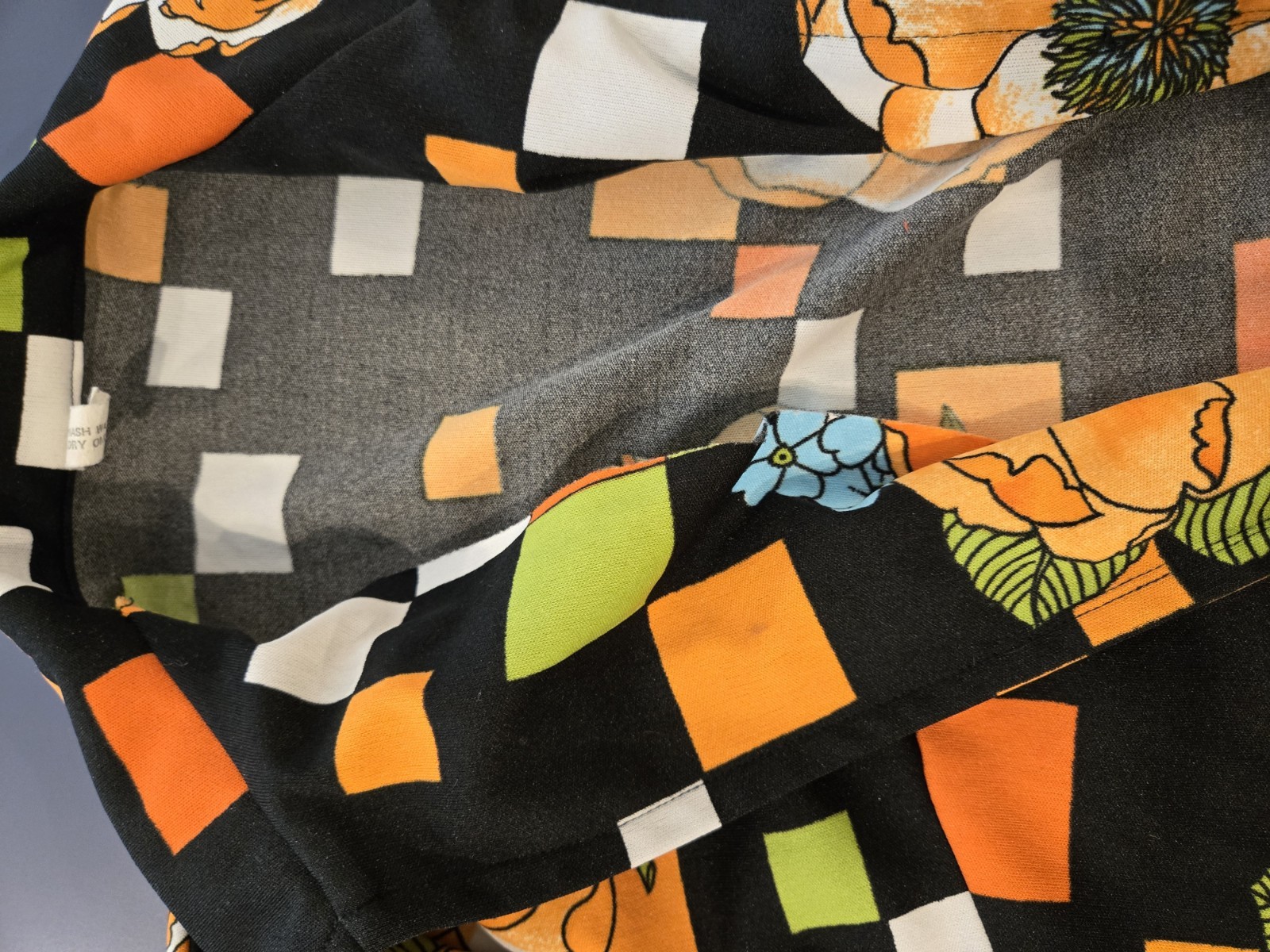1970s Vintage Dagger Collar Blazer Blouse Orange Green Black White Disco Shirt