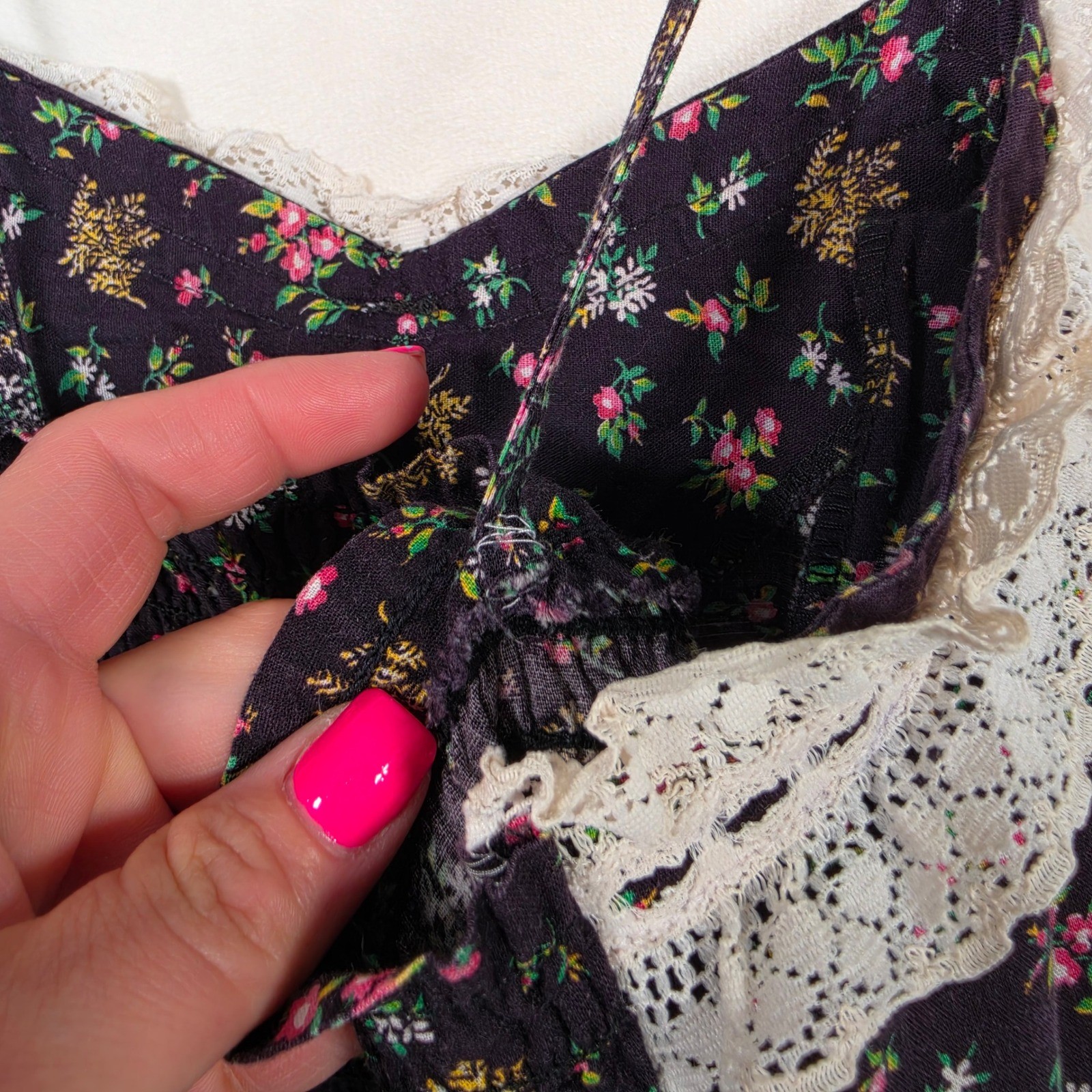 Vintage Newport Fashions Dress Women’s 5 Ditsy Floral Lace Cottagecore Prairie