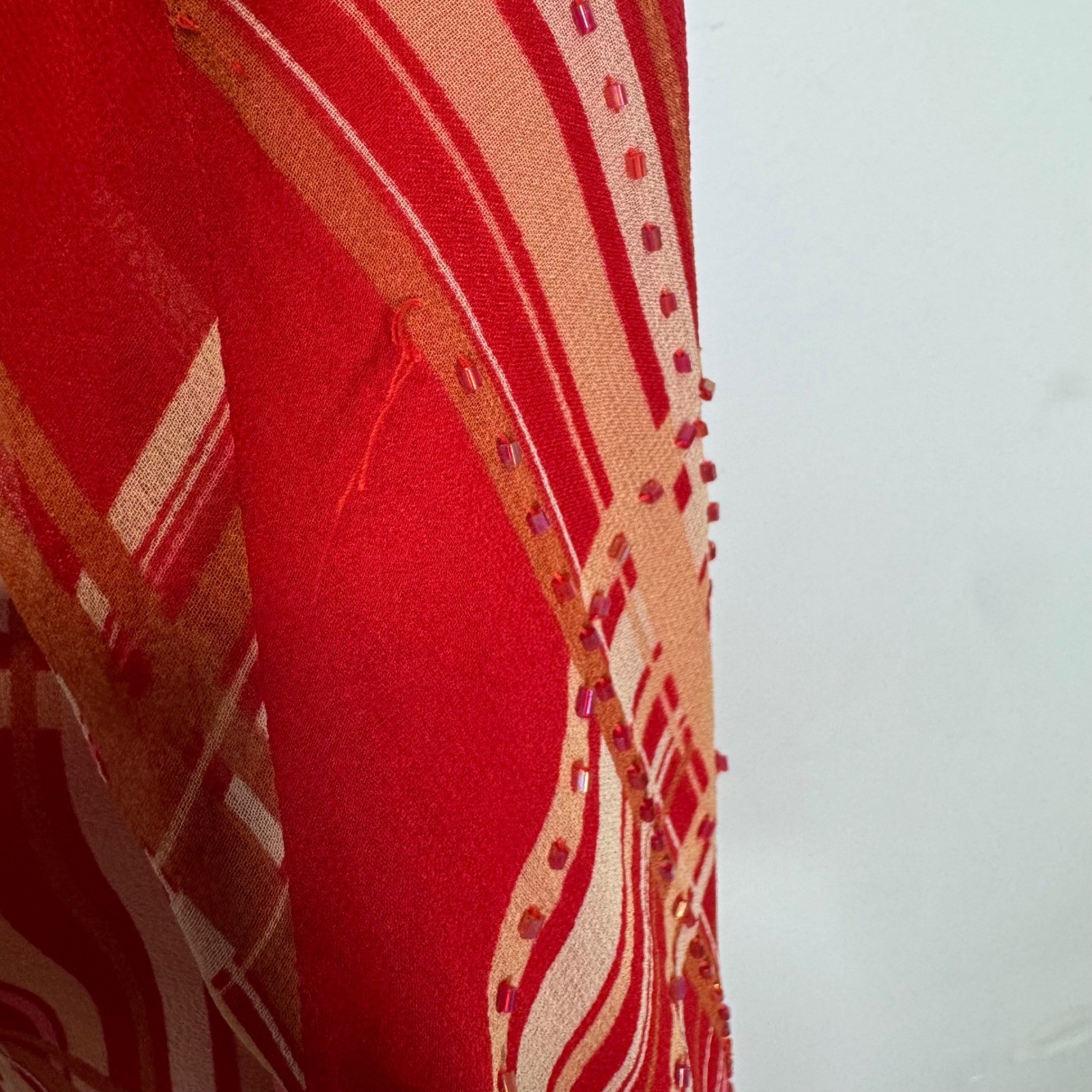 iCE Vintage 90s Y2K 100% Silk Beaded Plaid Slip Midi Dress Red Sleeveless