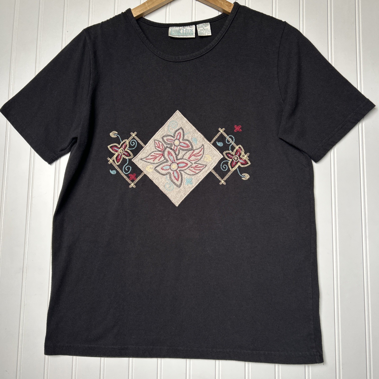 Vintage Van Heusen For Her Black T-Shirt Floral Diamond Embroidery 90s Women’s S