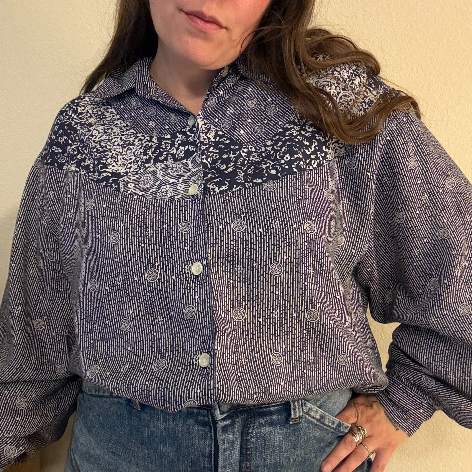 PRICE FIRM Vintage Y2K Counterparts Navy White Rayon Printed Button Down L/XL