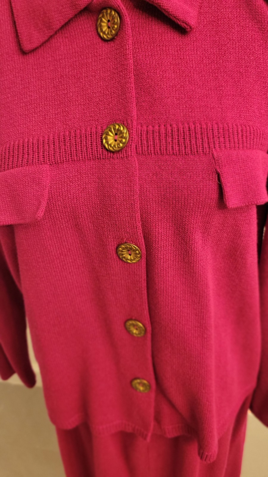 Vtg Knit Skirt Suit Lg 2Pc Laura Alyzia 70’s Fushsia Sweater Shoulder Pad USA