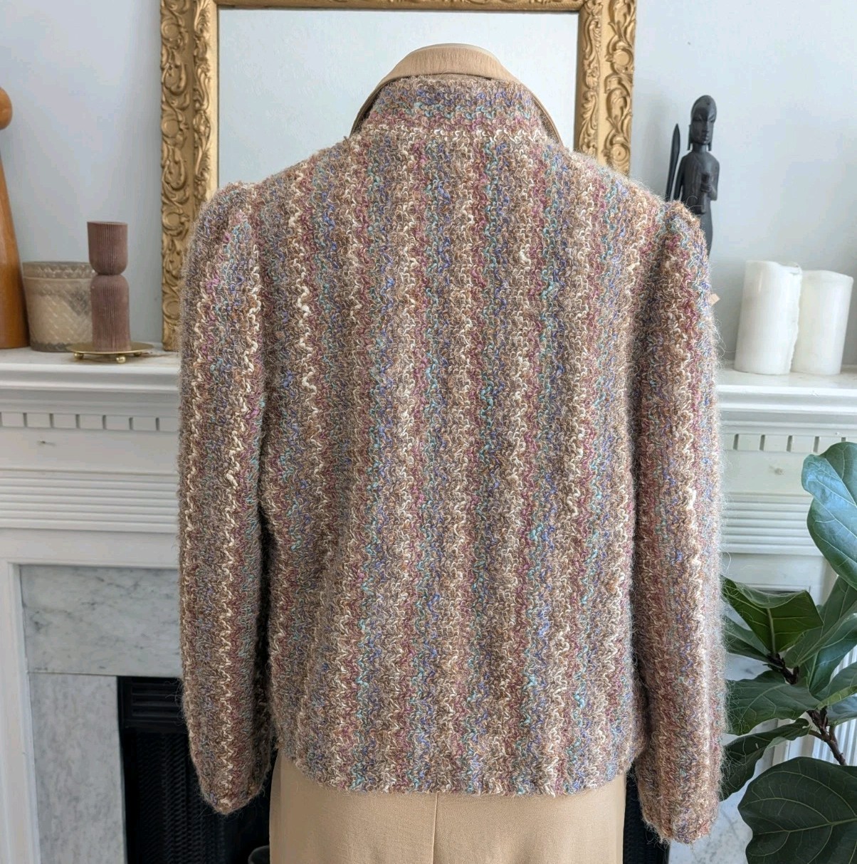 Vintage 80s Donnkenny Textured Bouclé Blazer Sz 14 Tan Striped Jacket Lambswool
