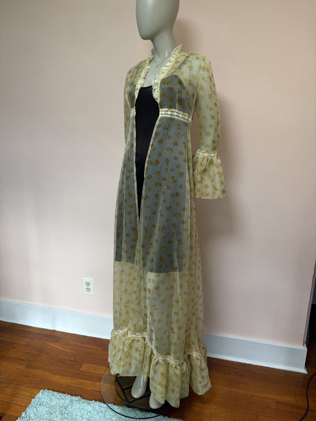Vintage 70s Sheer Floral Maxi Hostess Gown Duster Dress Prairie Bell Sleeve S