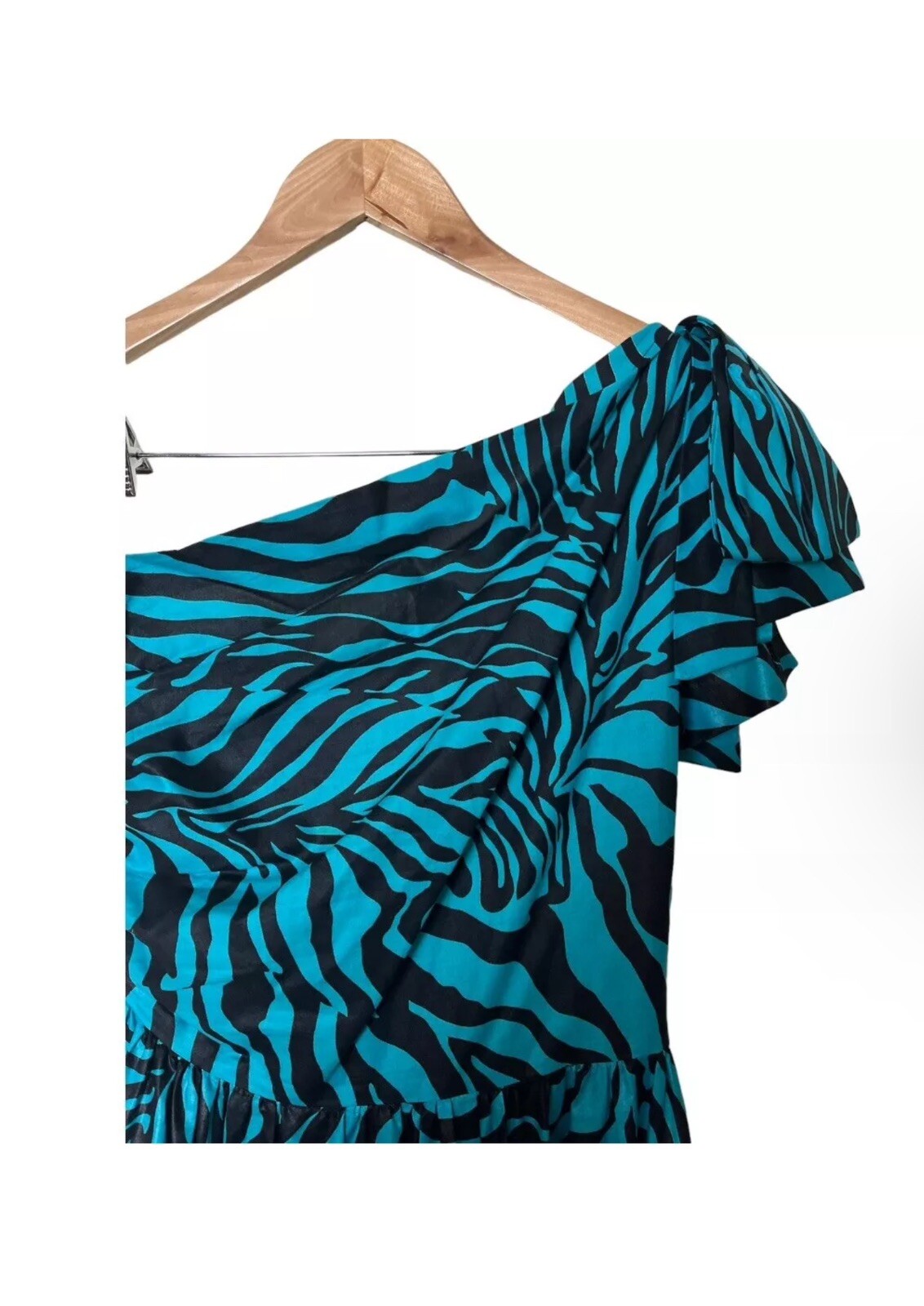 Vintage 70s 80s Mollie Parnis Studio Aqua Black Stripe One Shoulder Dress 2 4
