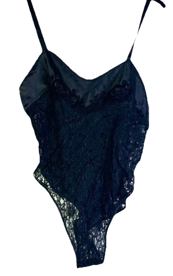 Vintage 80s Womens Medium Black Lace Snap Sheer Teddy Lingerie Body Suit