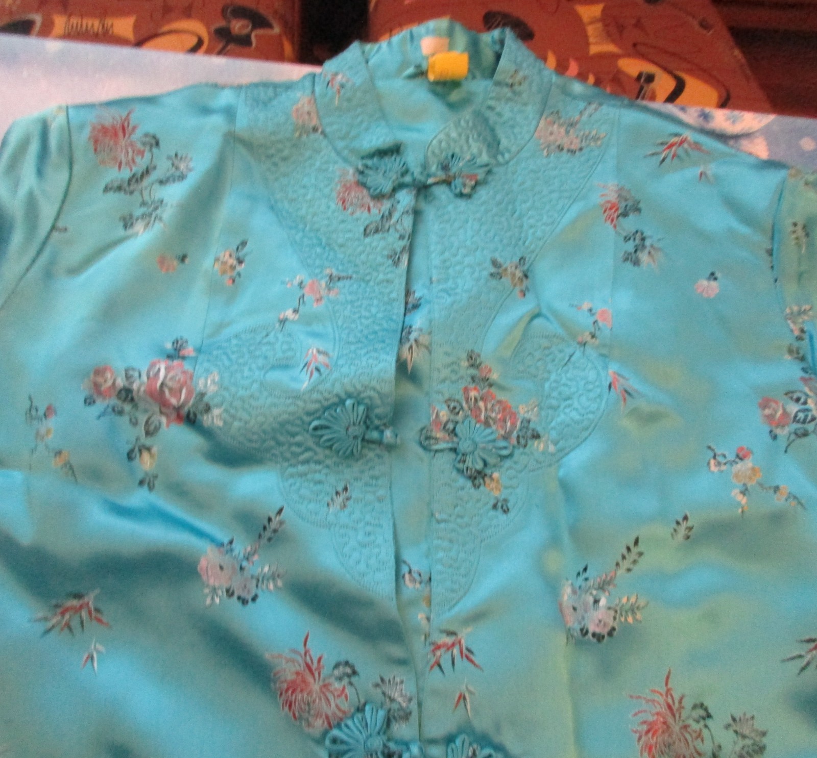 Vintage Turquoise Satin Brocade Asian Floral Robe – Size 42 – 1940s/60’s