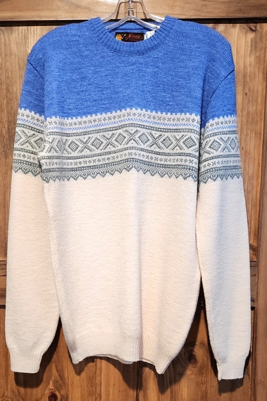 Vintage Jersild 60s Nordic Blue Fair Isle Sweater Womens XL Wool Blend Knit Ski