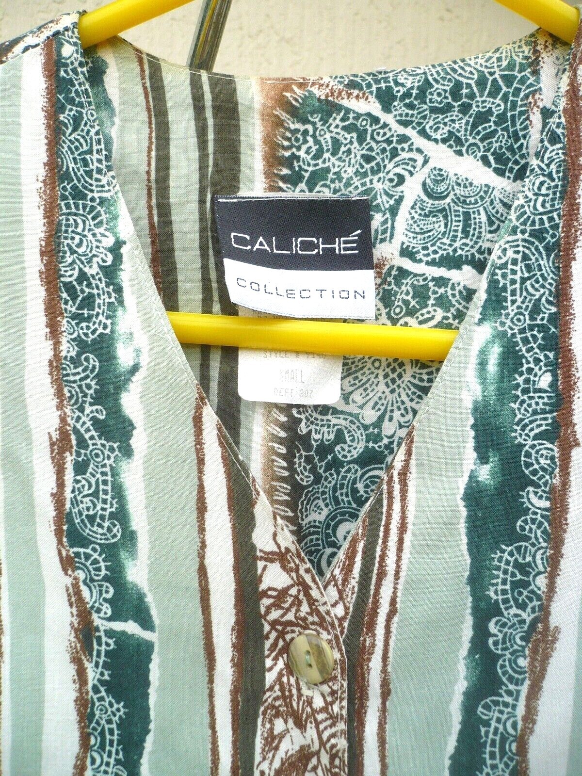 VTG 90S S M CALICHE SLEEVELESS SHIRT BLOUSE JAGGED VERTICLE STRIPED GREEN BROWN