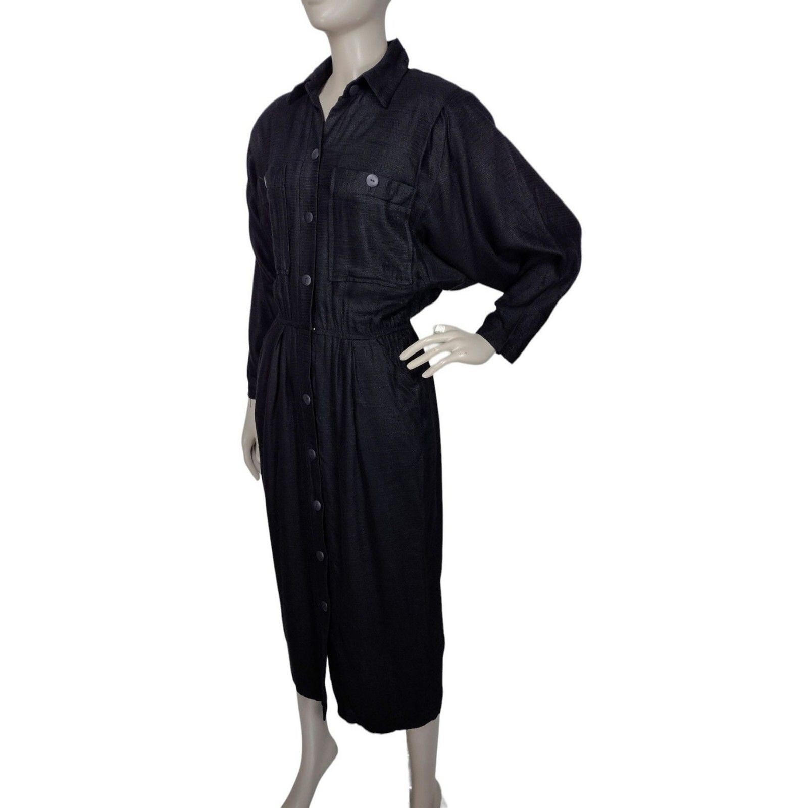 Vintage 80s Phoebe Black Textured Button-Down Batwing Sleeve Midi Wiggle Dress
