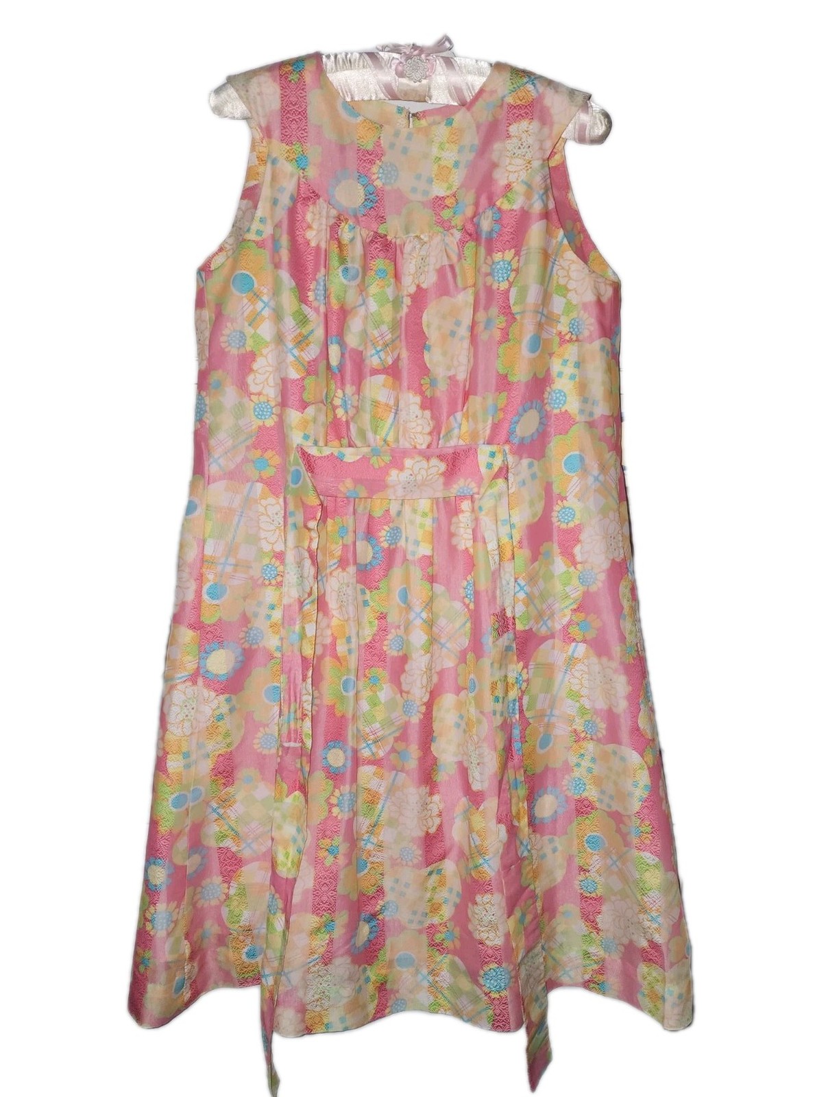 Vtg 1960’s Handmade Bright Groovy Color Floral Dress Pink Floral Flowered Hippie