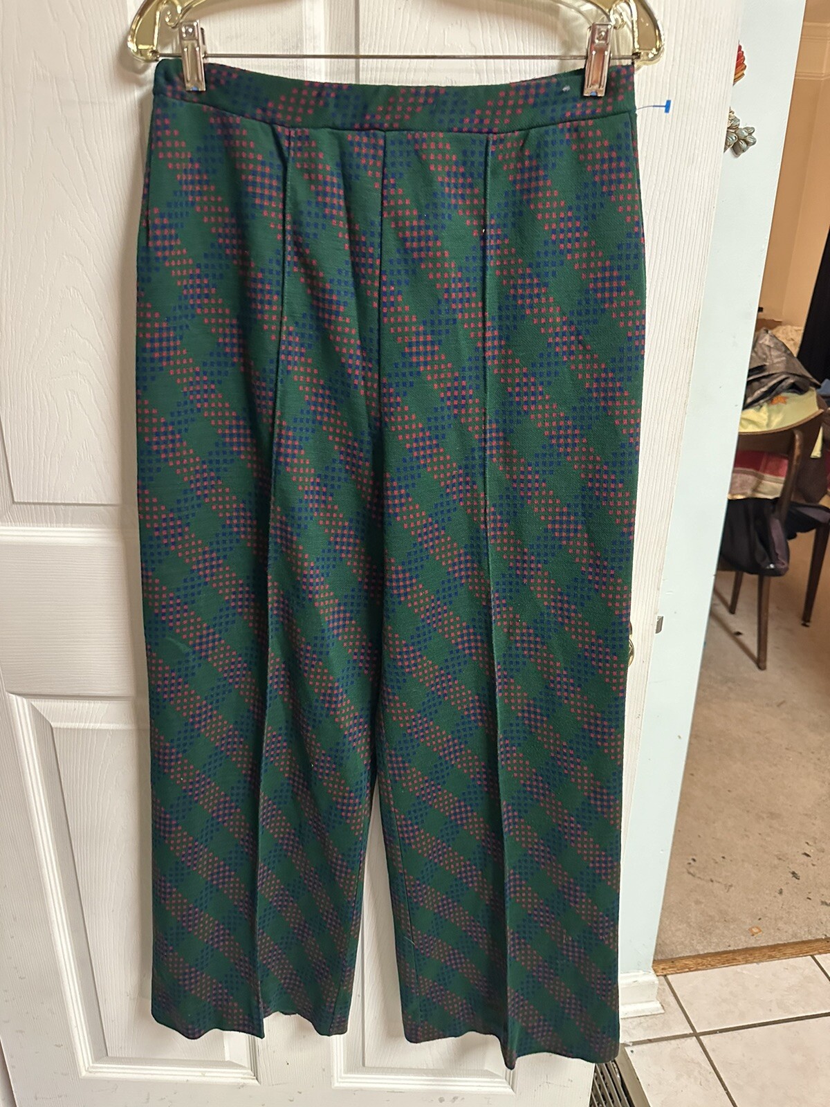 Vtg 70’s Pants 30×27 Wide Leg Flare Mod Disco Green Red Polyester Stretch Xmas