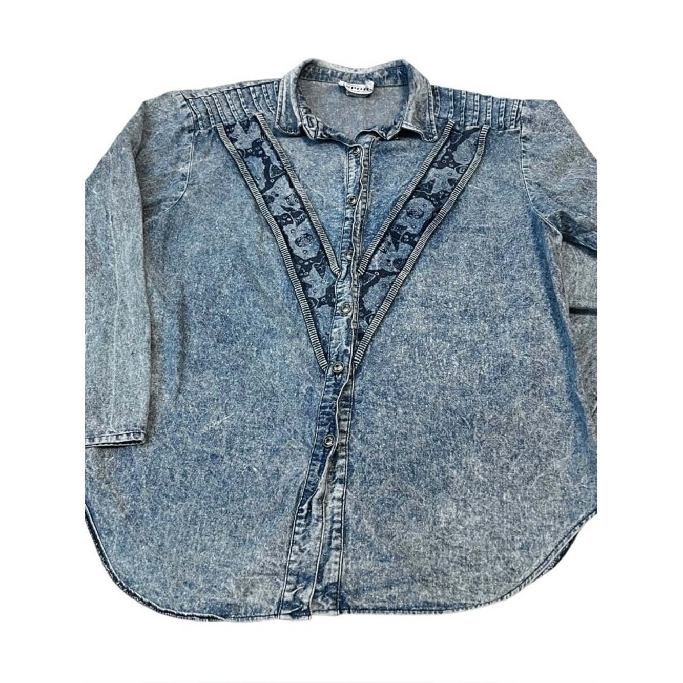 Vintage Acid Wash Chambray Pleated Statement Shirt Geometric USA Made Size 16