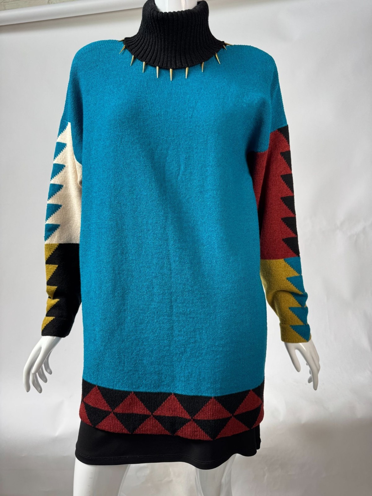 Vintage Steve Fabrikant Neiman Marcus Wool & Rayon Medium Sweater Dress With Geo