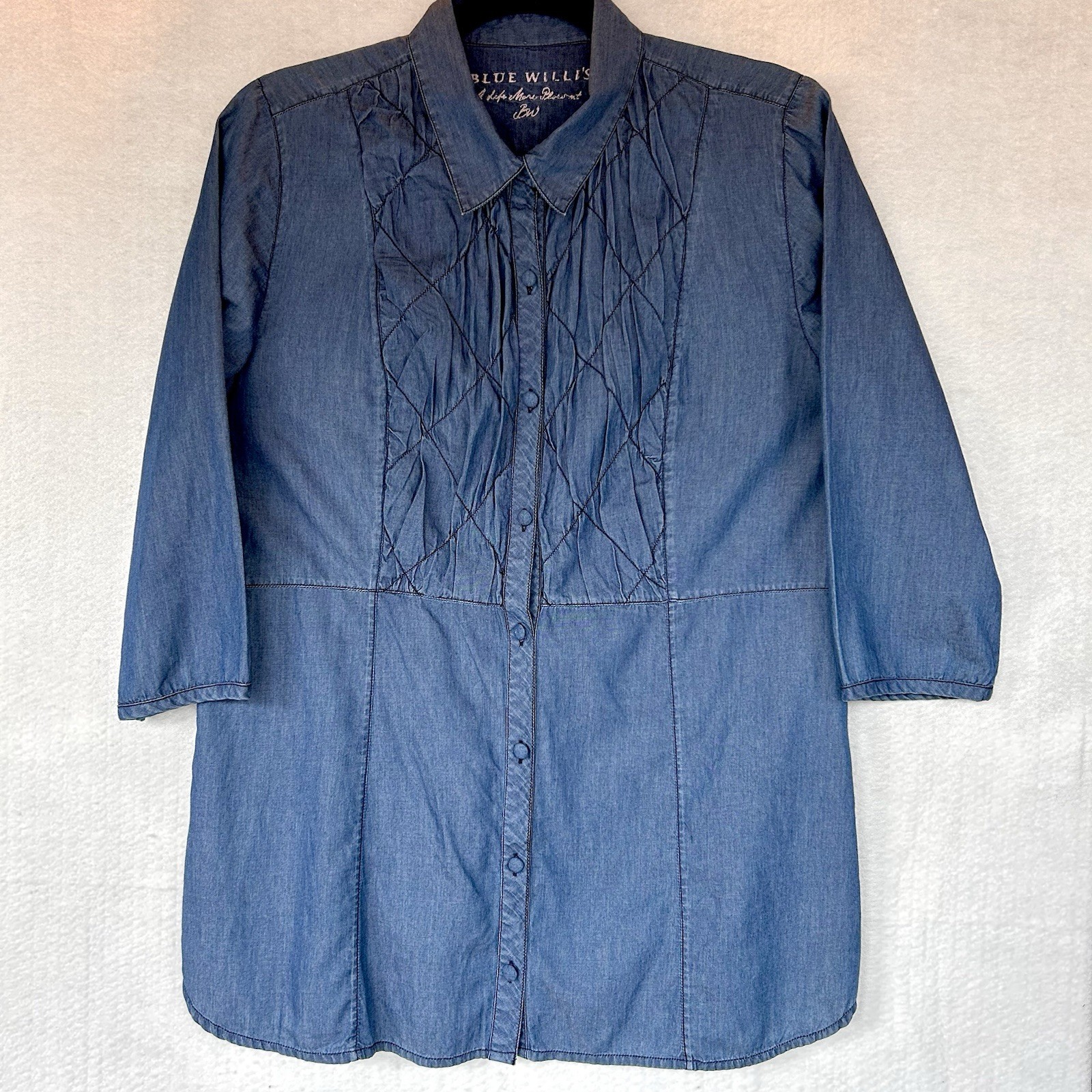 Women’s Vintage Blue Willi’s “A Life More Present” Smocked Denim Shirt SZ MED