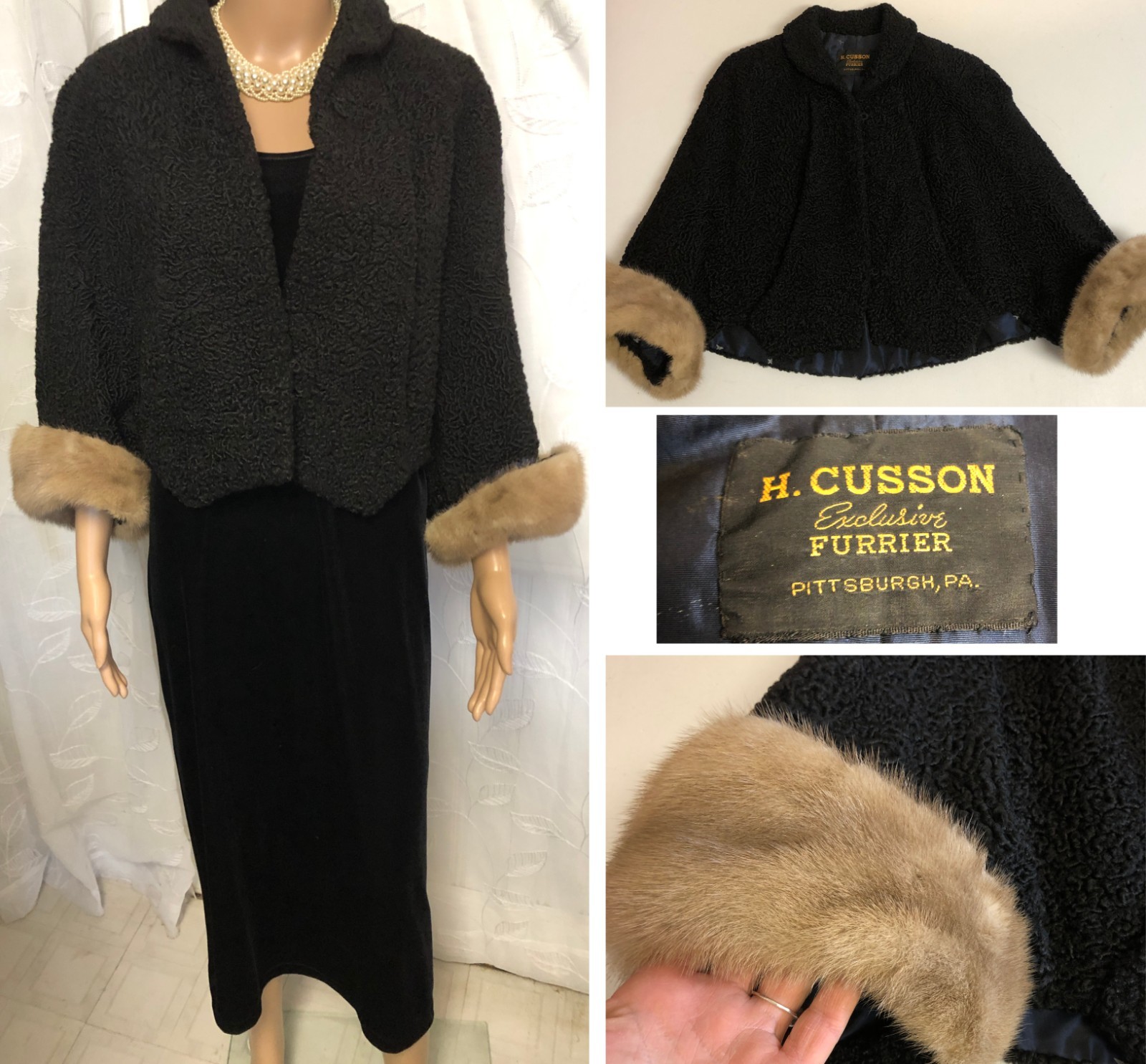 RARE vtg Black Persian Lambs Wool Coat Cape Fox Fur Cuffs Lined EUC H. Cusson