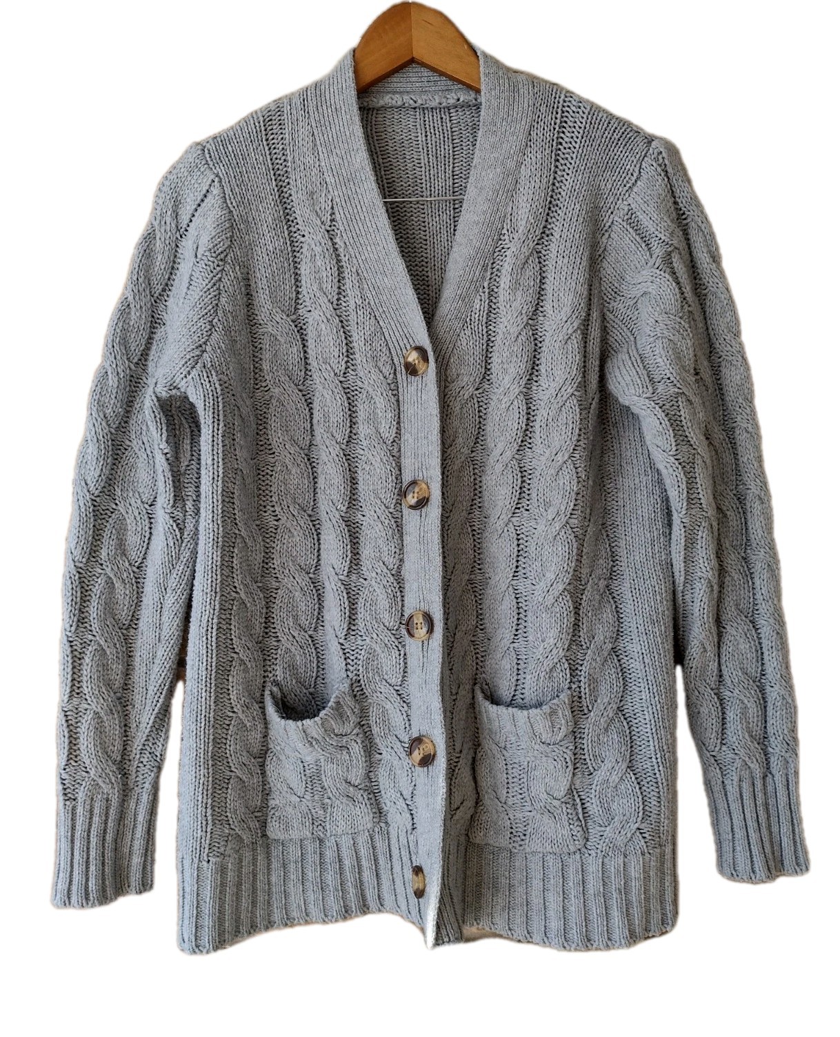 Hand Knit Gray Cable Knit Sweater Wool Blend Artisan Made Chunky Fisherman M/L