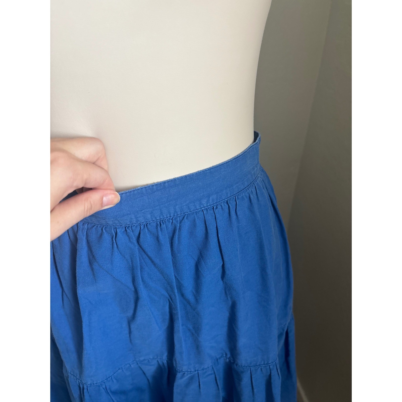 Vintage Crazy Horse Blue Tiered Cotton Midi Skirt High Waisted Cottagecore XS