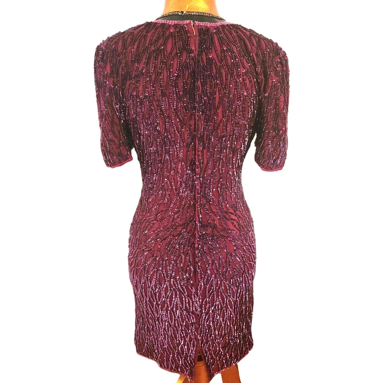 Vintage 1980s Sweelo Beaded Sequin Burgundy Purple Silk Short Sleeve Dress Sz 8