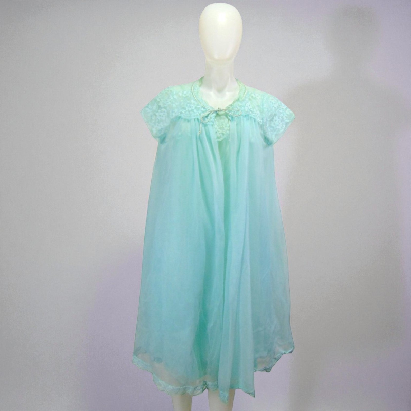 Vintage 1960s Van Raalte Aqua Chiffon Peignoir Set Lace Robe Nightgown Small