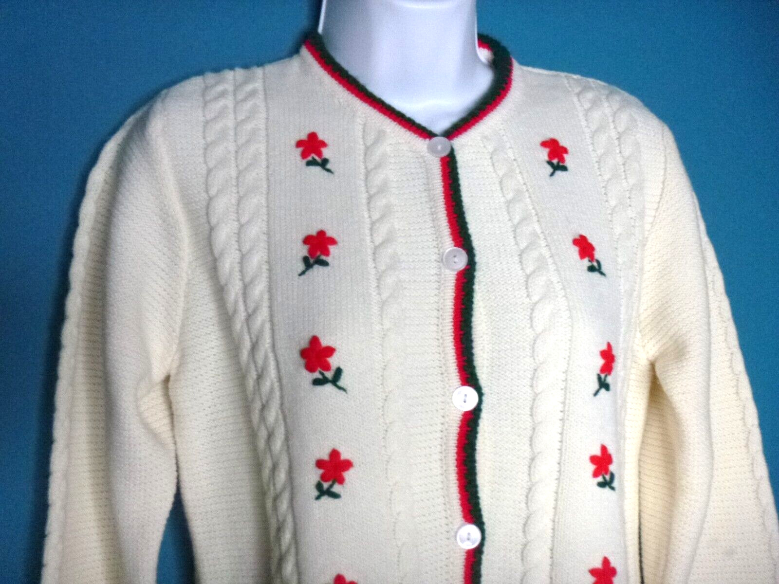 Vtg Acrylic Cardigan Off White Red Green Floral Embroidery Sz 36/38 Austria
