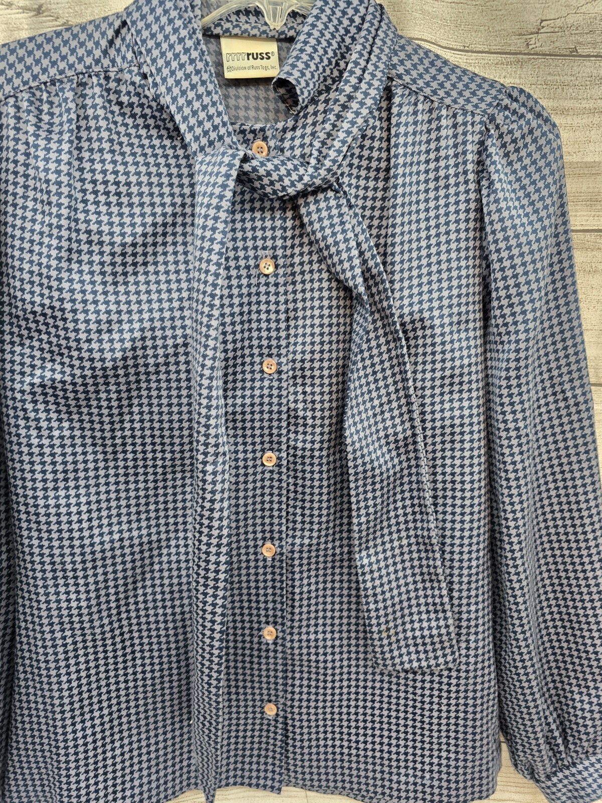 Vintage RRRRuss Secretary Blouse Sz 10 Blue Tie Neck Button Down Top 70’s 80’s