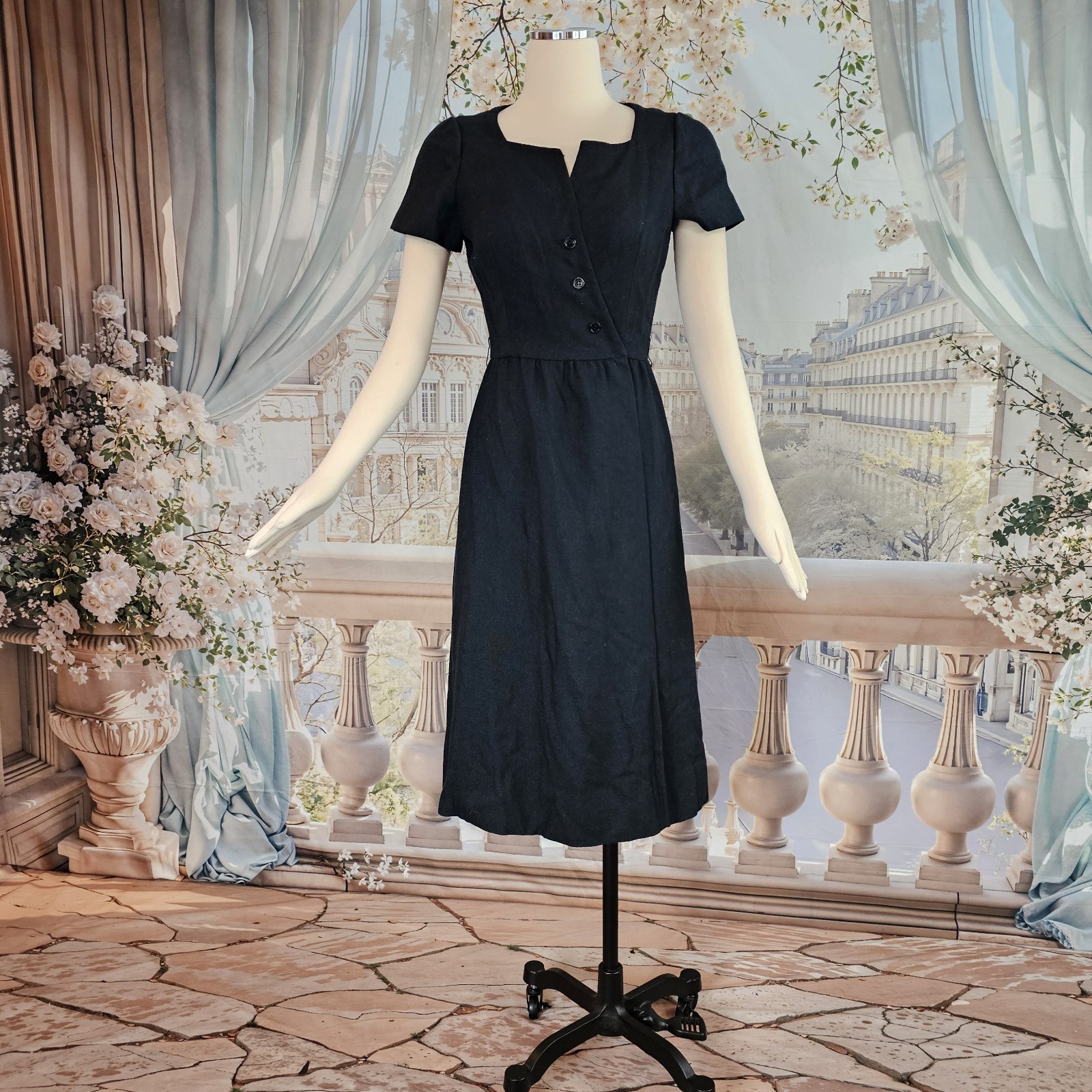 Vintage 1970s Wrap Dress Black Cocktail Molly Parnis Boutique Mididress Retro