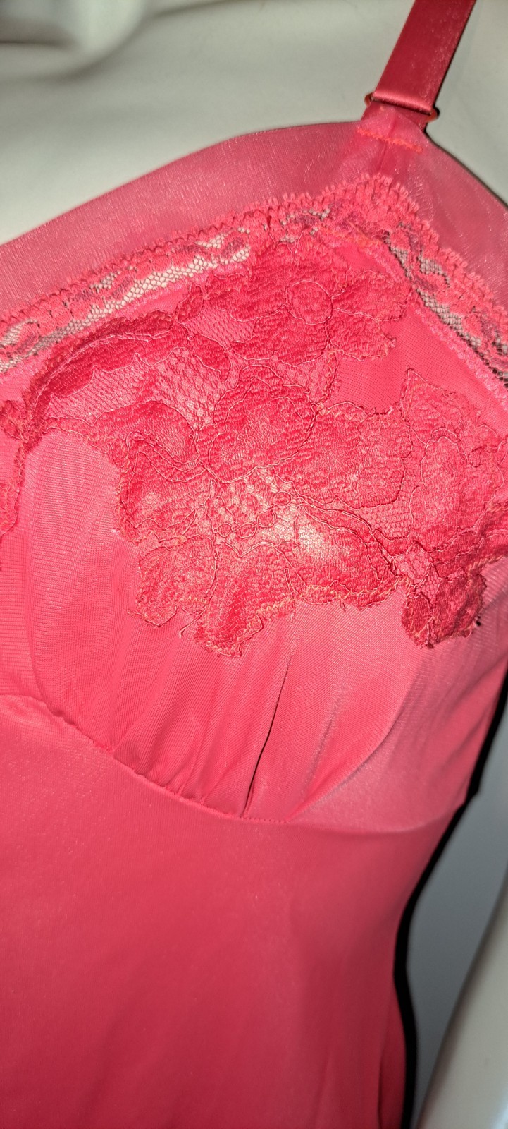 60s Vintage Red Nylon Full Slip Dress Nice Lace Great French Made Lingerie 34