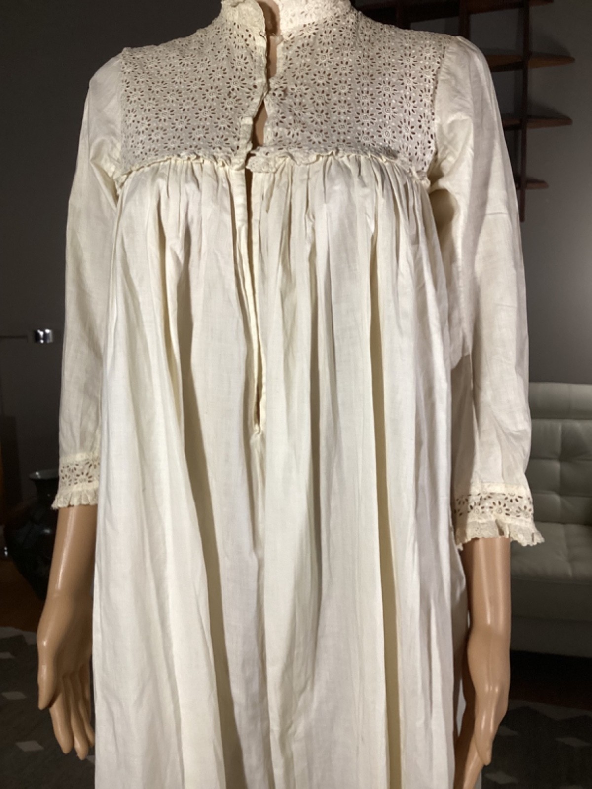 Antique Victorian Edwardian Cotton Eyelet Lace Long Nightgown Glass Buttons