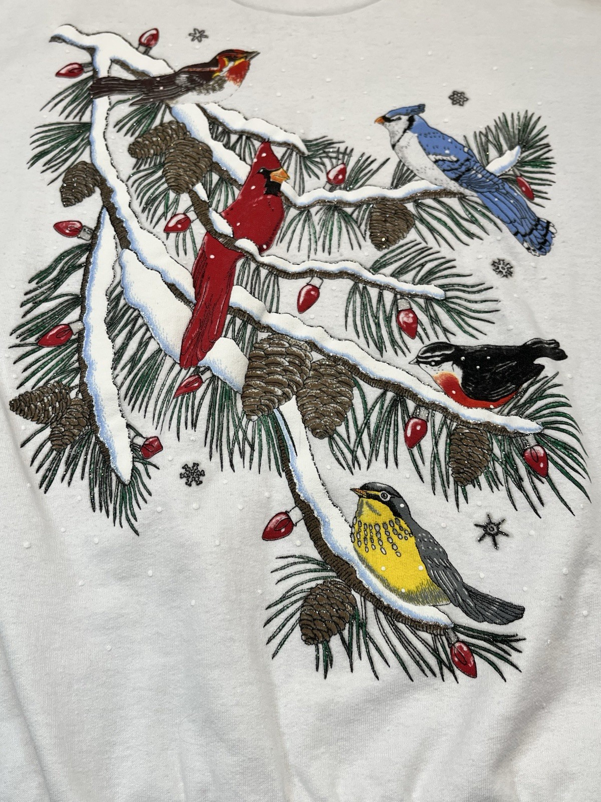 Vintage Nutcracker Puffy Graphic Christmas Sweatshirt Cardinal Snow Birds Medium