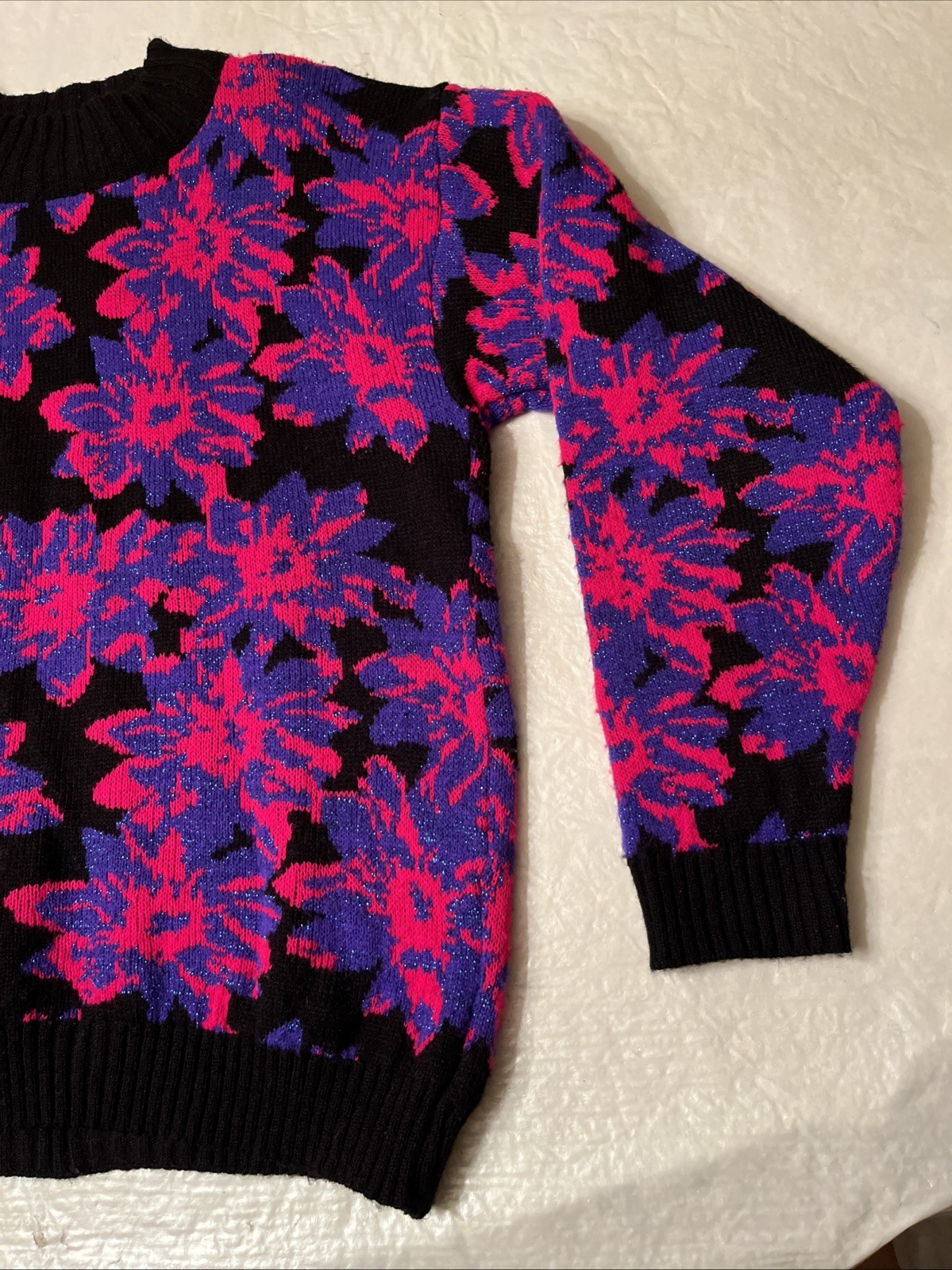 vtg 1980s Spunky USA MADE womens Medium knit sweater floral pink purple METALLIC